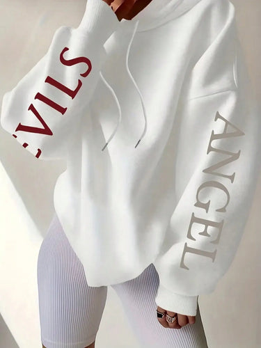 Sweat-shirt à capuche décontracté pour femmes avec imprimé lettres & ailes