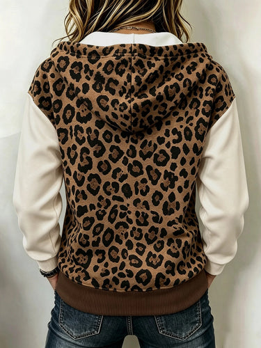 Sweat-shirt zippé à imprimé léopard et patchwork avec poches pour femmes