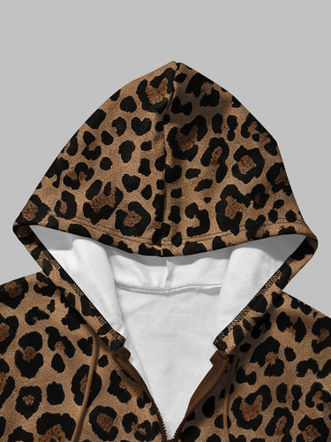 Sweat-shirt zippé à imprimé léopard et patchwork avec poches pour femmes