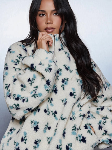 Sweat-shirt oversize en polaire sherpa à imprimé floral, col montant