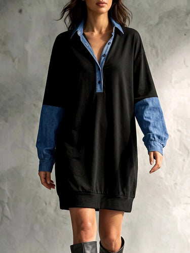 Robe décontractée ample mi-longue pour femmes, effet denim, col à revers, patchwork et couleurs contrastées
