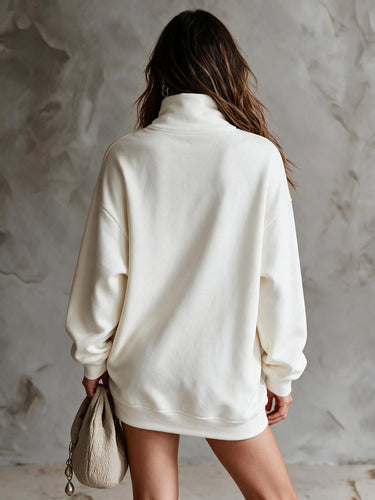Sweat-shirt long pour femmes, col montant, manches, décoration de boutons métallique