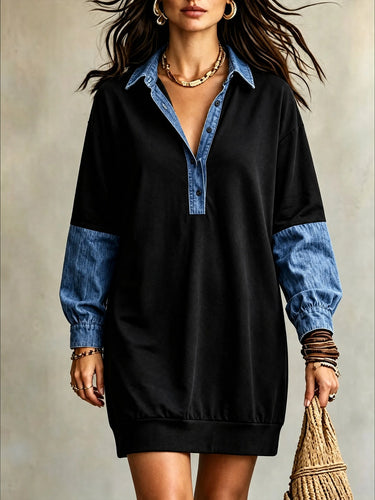 Robe décontractée ample mi-longue pour femmes, effet denim, col à revers, patchwork et couleurs contrastées