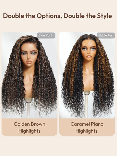 Perruque noire ondulée en dentelle 7x5 avec reflets brun doré et noir naturel, densité 150 %. Look plage parfait pour l'été.