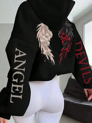 Sweat-shirt à capuche décontracté pour femmes avec imprimé lettres & ailes - Noir