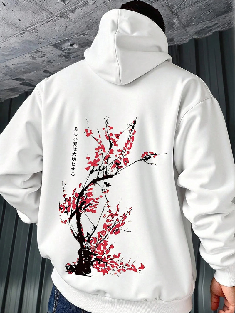 Manfinity Dauomo sweat-shirt à capuche graphique avec poches, motif fleurs de cerisier blanches et slogan pour homme. sweat-shirt décontracté à porter au quotidien, automne/hiver Bleu marine