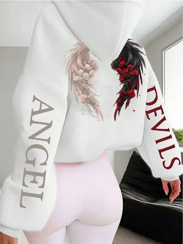 Sweat-shirt à capuche décontracté pour femmes avec imprimé lettres & ailes - Blanc