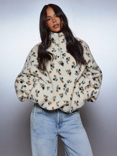 Sweat-shirt oversize en polaire sherpa à imprimé floral, col montant - Multicolore
