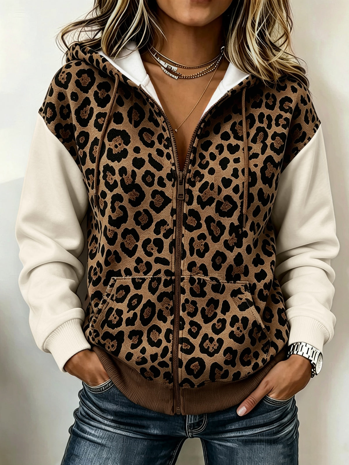 Sweat-shirt zippé à imprimé léopard et patchwork avec poches pour femmes - Multicolore
