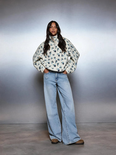 Sweat-shirt oversize en polaire sherpa à imprimé floral, col montant