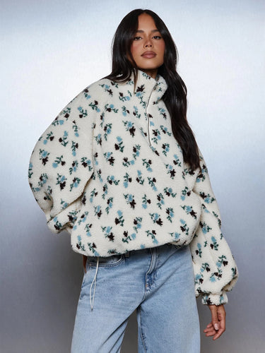 Sweat-shirt oversize en polaire sherpa à imprimé floral, col montant