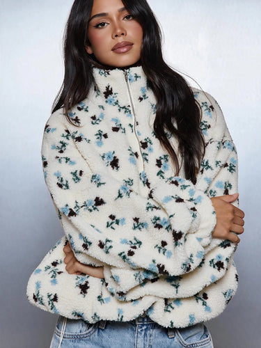 Sweat-shirt oversize en polaire sherpa à imprimé floral, col montant
