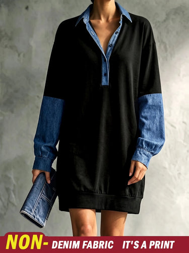 Robe décontractée ample mi-longue pour femmes, effet denim, col à revers, patchwork et couleurs contrastées
