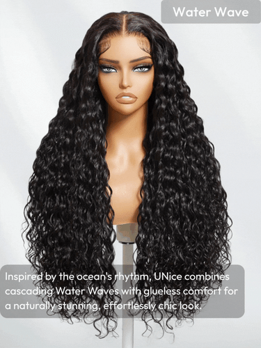 7x5 et 13x4 HD Lace Pull & Go sans colle Water Wave avec bandes de silicone sécurisées et cordon de serrage avec cheveux de bébé