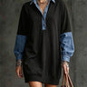 Robe décontractée ample mi-longue pour femmes, effet denim, col à revers, patchwork et couleurs contrastées - Noir
