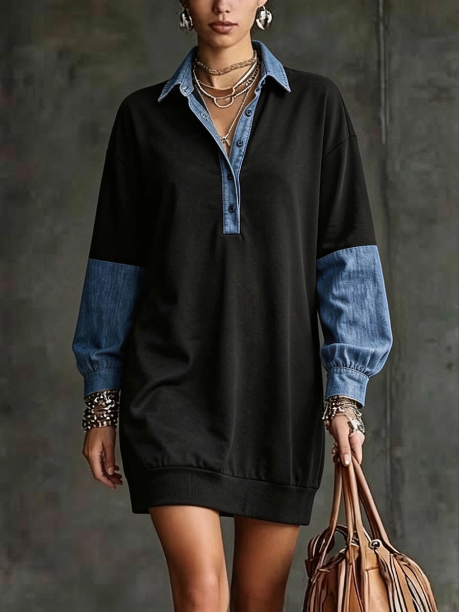 Robe décontractée ample mi-longue pour femmes, effet denim, col à revers, patchwork et couleurs contrastées