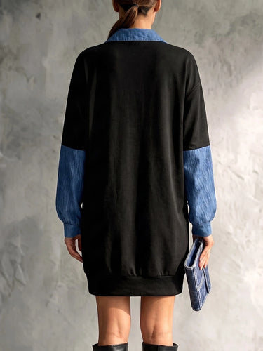 Robe décontractée ample mi-longue pour femmes, effet denim, col à revers, patchwork et couleurs contrastées