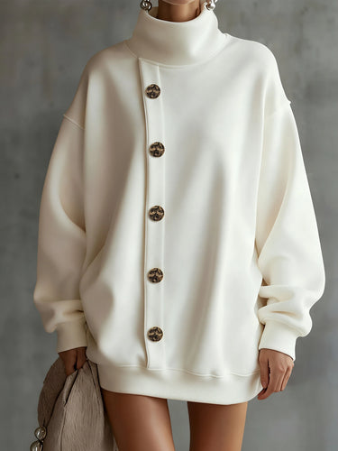 Sweat-shirt long pour femmes, col montant, manches, décoration de boutons métallique
