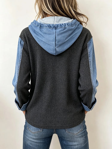 T-shirt à capuche à manches longues blocs de couleurs décontracté pour femmes